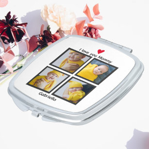 Four Photo Collage Heart Personalised Custom Text Compact Mirror