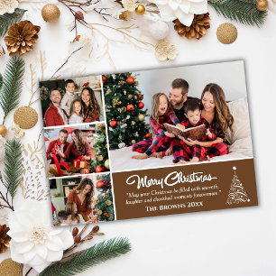 Four photo collage modern cute brown Christmas  Holiday Card