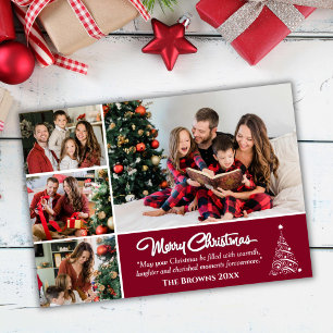 Four photo collage modern cute burgundy Christmas  Holiday Card