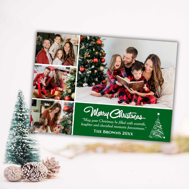 Four photo collage modern cute green Christmas  Holiday Card (Front )
