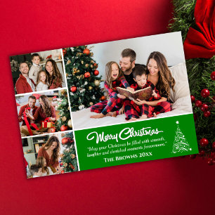 Four photo collage modern cute green Christmas  Holiday Card