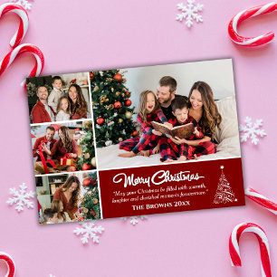 Four photo collage modern cute maroon Christmas Holiday Card
