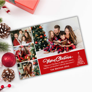 Four photo collage modern cute red Christmas  Holiday Card