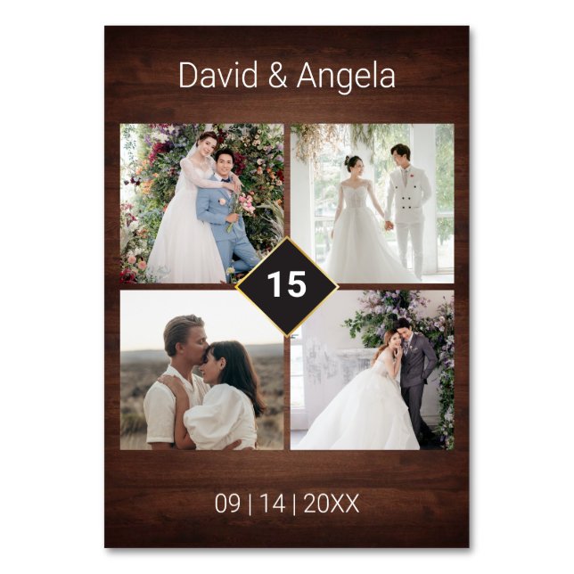 Four Photo Country Barn Wood Wedding Calligraphy  Table Number (Back)