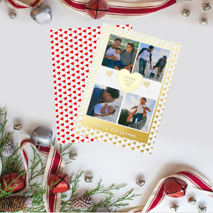 Four Photo Family Name Gold Red Hearts Christmas