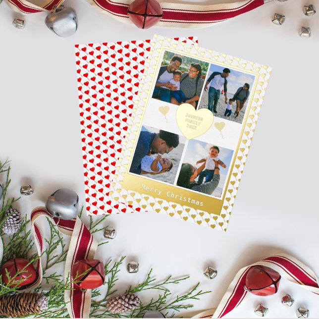 Four Photo Family Name Gold Red Hearts Christmas (Creator Uploaded)