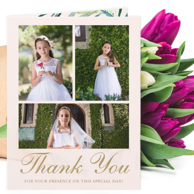 Four Photo Greenery First Communion Blush Thank You Card (Creator Uploaded)