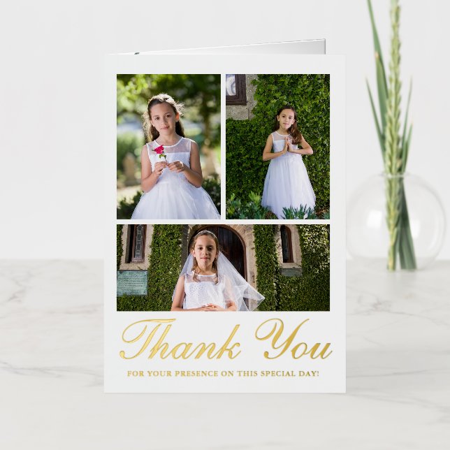 Four Photo Greenery First Communion Foil Greeting Card (Front)