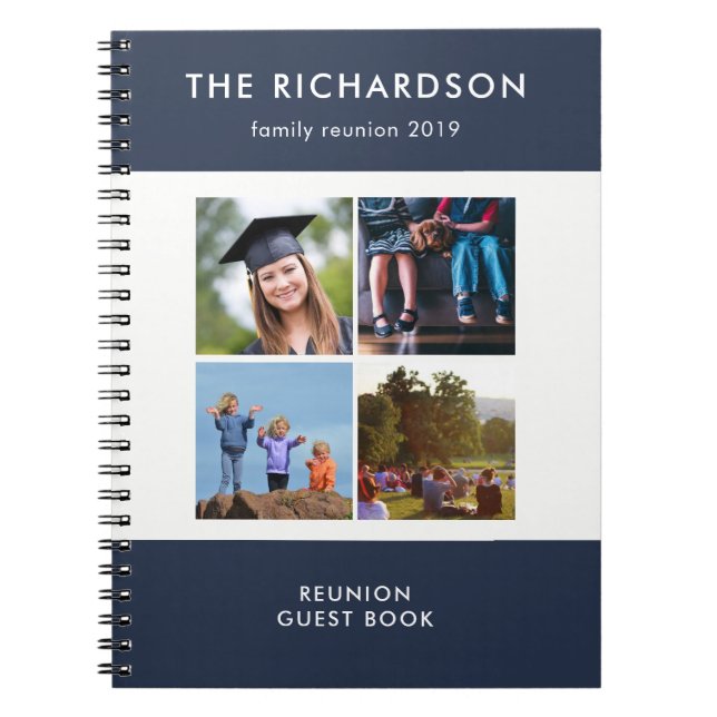 Four Photo Grid Blue and White Family Reunion Spiral Notebook (Front)