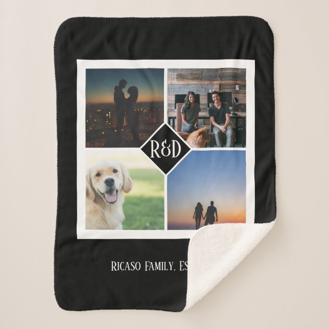 Four Photo Template and Monogram Personalised Sherpa Blanket (Front)