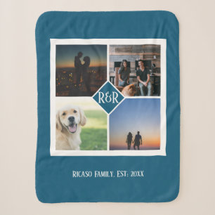 Four Photo Template Monogram Personalised Blue Sherpa Blanket