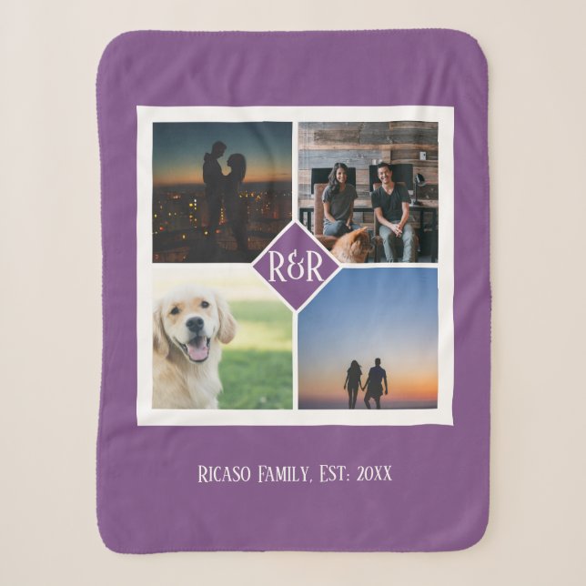 Four Photo Template Monogram Personalised Purple Sherpa Blanket (Front)