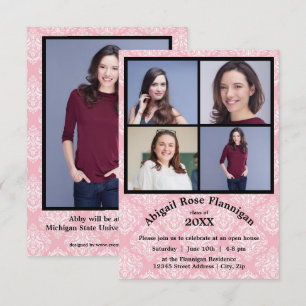 Four Photos Collage Damask- 3x5 Grad Announcement