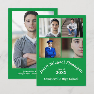 Four Photos Collage Green 3x5- Graduation Announce Invitation