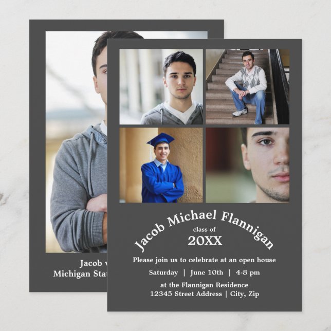 Four Photos Collage Grey - Graduation Announcement (Front/Back)