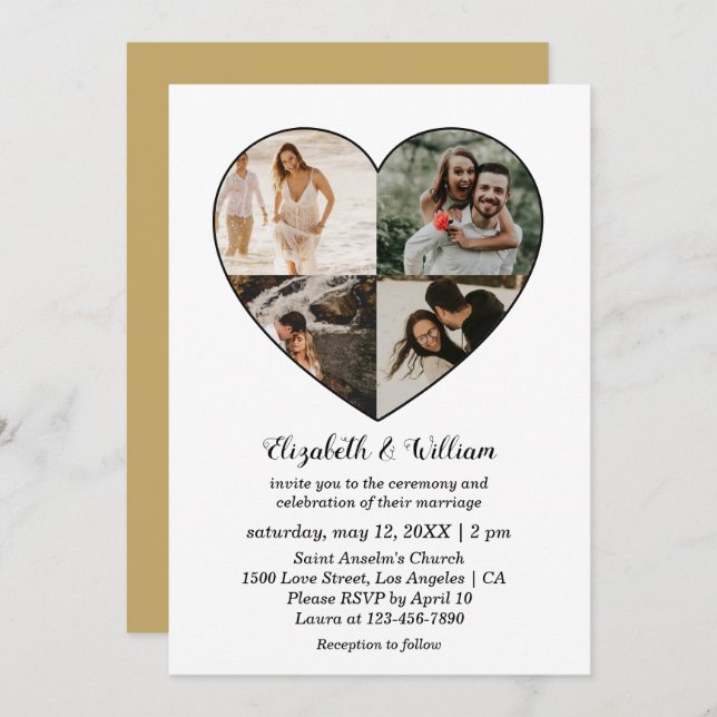 Four Photos Collage Heart Frame Wedding Invitation (Front/Back)