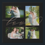 Four Photos Collage Love Elegant Script Wedding Faux Canvas Print<br><div class="desc">A great memento from your big day, simply swap in your four favourite pictures from your wedding day. The word Love overlaps them slightly and is set in a romantic gold script.The black background colour can be changed to a different colour if you so wish via the Click to Customise...</div>
