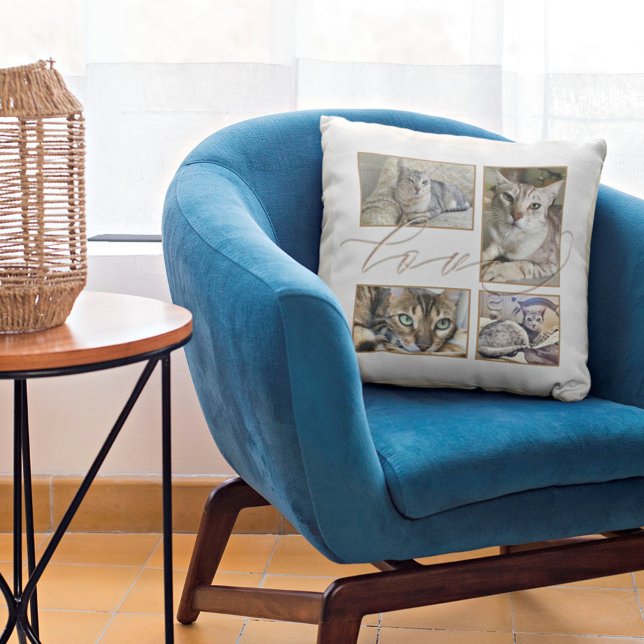 Four Photos Collage Love Pets Name White Cushion (Creator Uploaded)