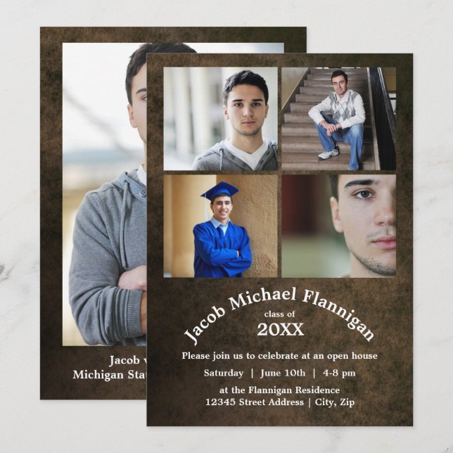 Four Photos Leather - Graduation Announcement (Front/Back)