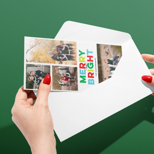 Four Photos Merry Bright and Colourful Skinny Card (skinny format Christmas holiday four photo card with merry and bright message in red, green and blue)