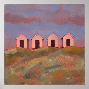 Four Pink Beach Huts Moody Coastal Landscape Poster