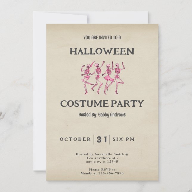 Four Pink Dancing Skeletons Vintage Halloween Invitation (Front)