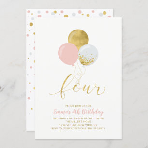 Four Pink & Gold Balloons Girl 4th Birthday Party  Invitation