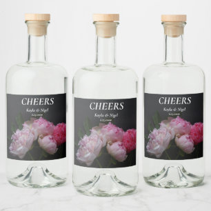 Four pink peonies wedding liquor bottle label