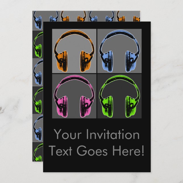 Four Pop Art Headphones Invitation (Front/Back)