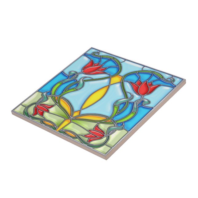 Four Red Tulips Stained Glass Tile (Side)