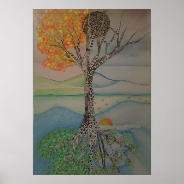 Four seasons line design tree  poster (Front)