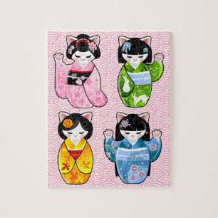 Four Seasons Maneki Neko Kawaii Cat Kimono Kokeshi Jigsaw Puzzle