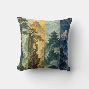 Four Seasons Mountain   Japanese Ink Landscape Cushion