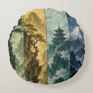 Four Seasons Mountain | Japanese Ink Landscape Round Cushion