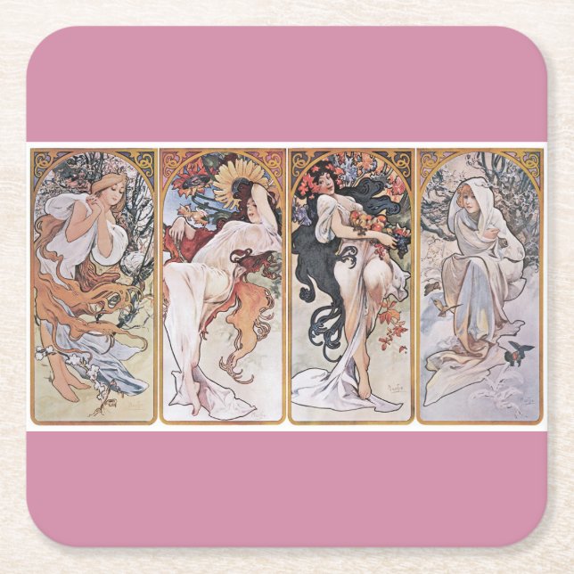 Four Seasons, Mucha Square Paper Coaster (Front)