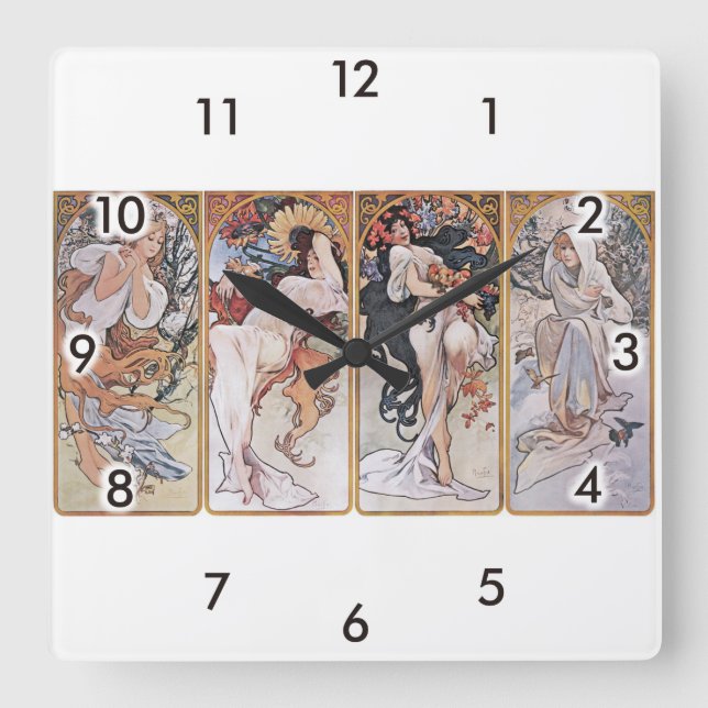 Four Seasons, Mucha Square Wall Clock (Front)