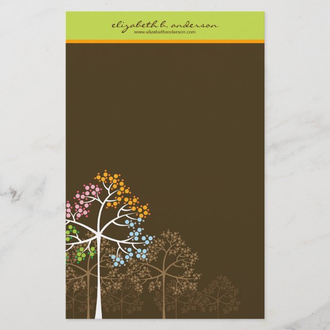 Four Seasons Trees on Brown Note Card Stationery (Front)