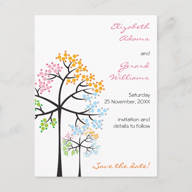 Four Seasons Trees Woodland Wedding Save The Date Announcement Postcard (Front)