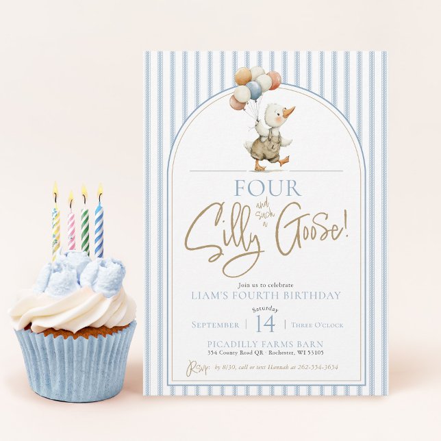 FOUR Silly Goose Cute Pinstripe Boy 4th Birthday Invitation (FOUR Silly Goose cute modern arch whimsical ticking pinstripe boy 4th birthday party invitation)