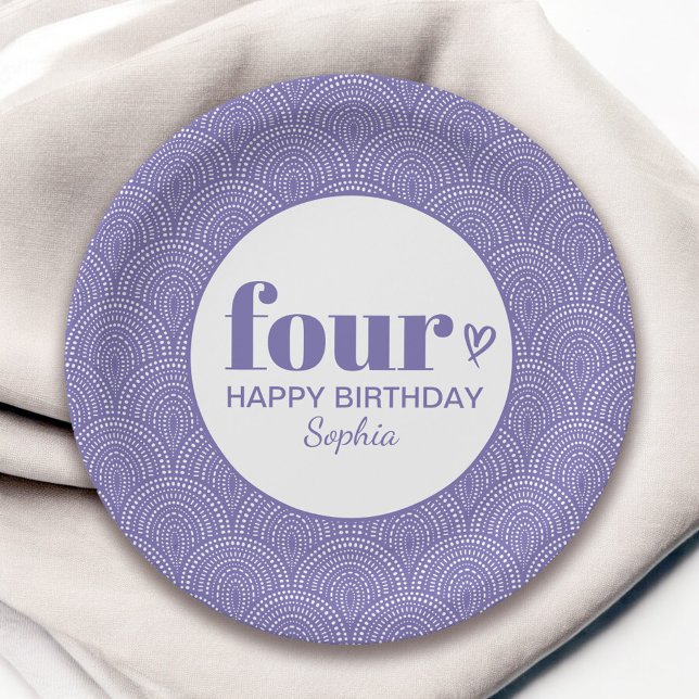 Four Simple Purple 4th Birthday with Name Paper Plate (Creator Uploaded)