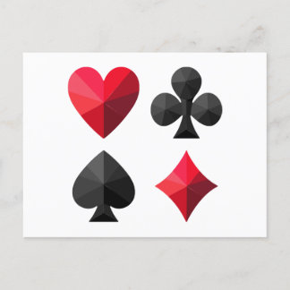 Four suits of playing cards: hearts, clubs, spades postcard