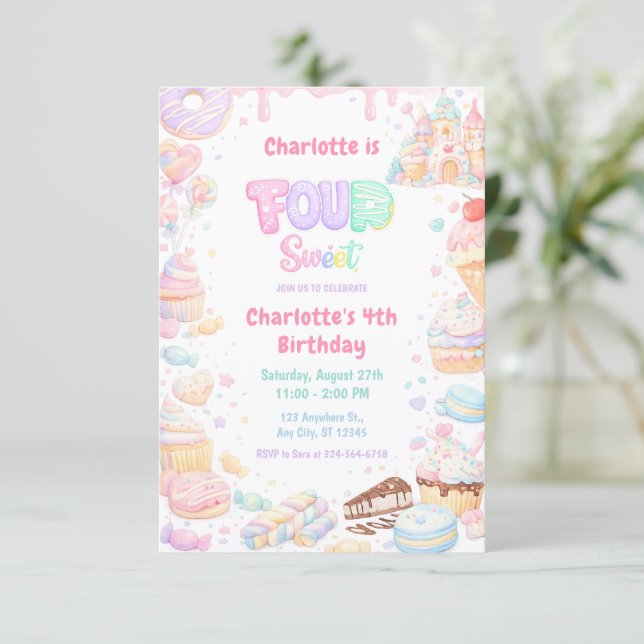 Four Sweet Pastel Candy 4th Birthday Invitation (Standing Front)