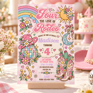 Four the Love of Rodeo Pink Cowgirl 4th Birthday Invitation