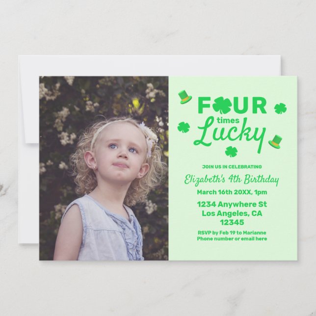 Four Times Lucky 4th Birthday Invitation (Front)