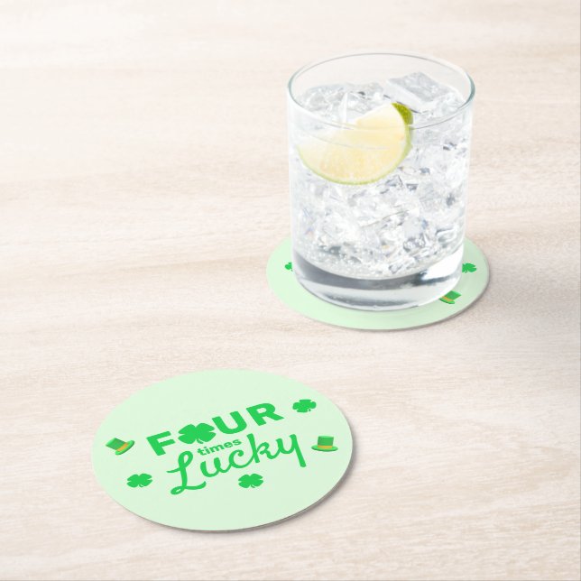 Four Times Lucky 4th Birthday Round Paper Coaster (Insitu)