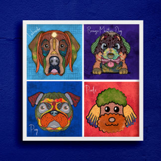 Four ugly dog faces unique abstract art poster