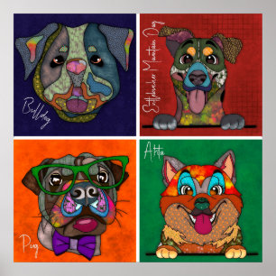Four ugly dog faces unique abstract art poster