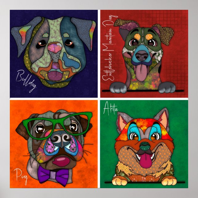 Four ugly dog faces unique abstract art poster (Front)