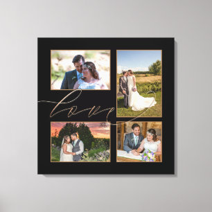 Four Wedding Photos Collage Love Script Black Canvas Print