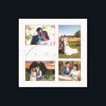 Four Wedding Photos Collage Love Script White Canvas Print<br><div class="desc">Display beautiful memories from your wedding day in your home with this four photo collage, wherein you can easily swap in your own 4 favourite pictures. The word Love overlaps the pictures slightly and is set in elegant gold script.The white background colour can be changed to a different colour if...</div>
